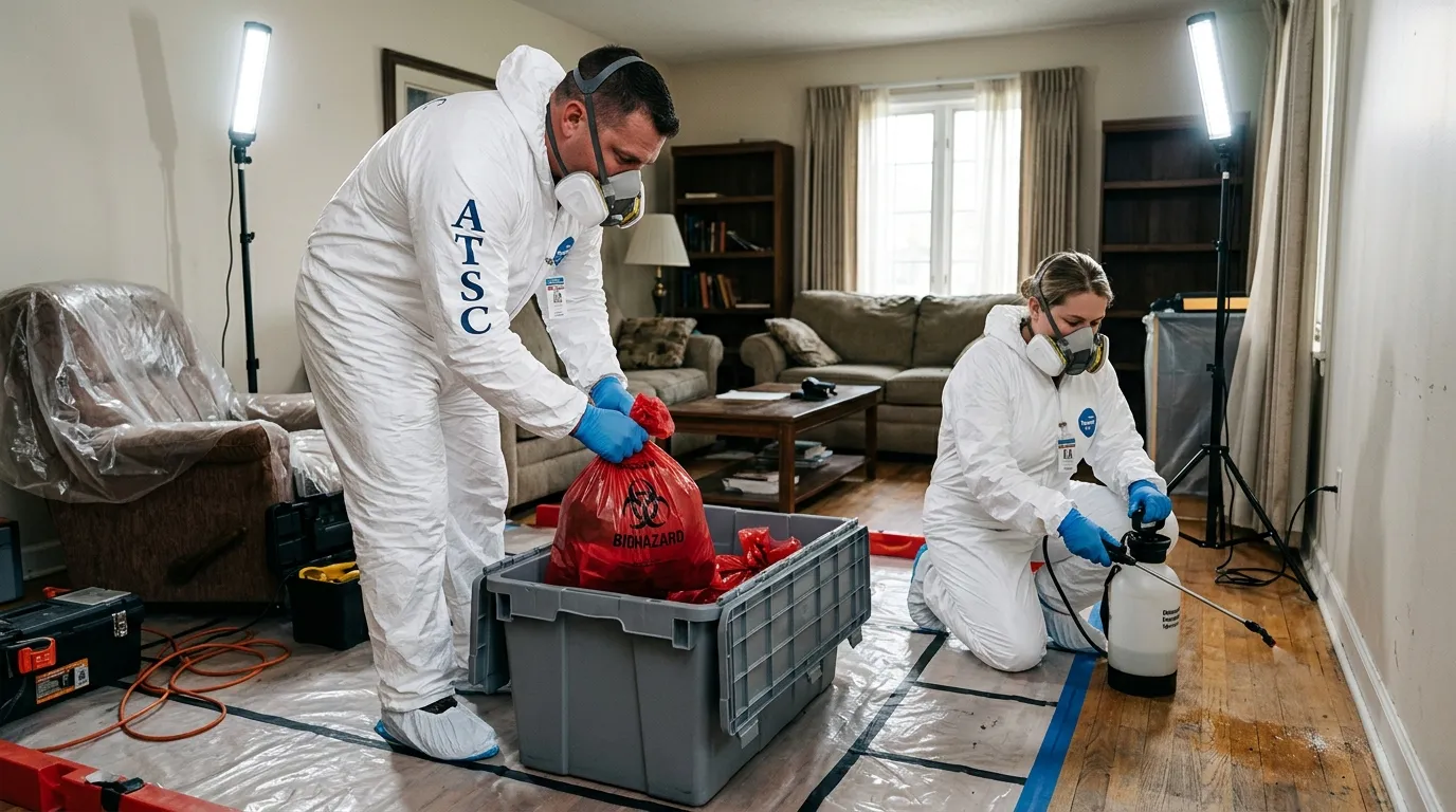 Professional Hoarding Cleanup technician in full PPE working in Chesterfield